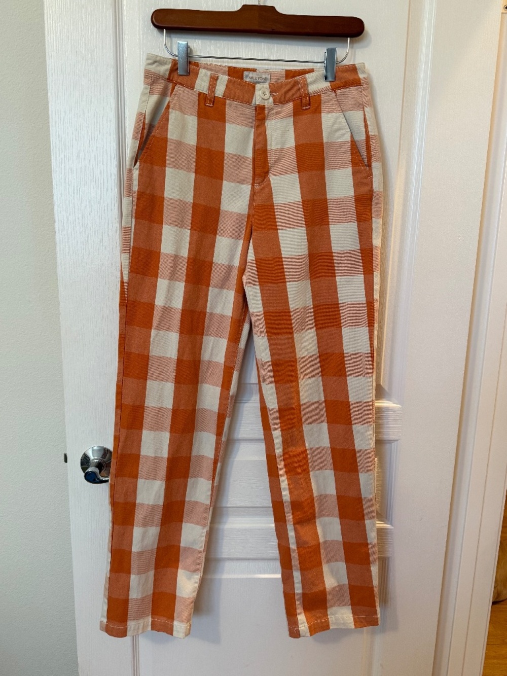 Brixton Victory Trouser Pants Orange Cream Buffalo Check Plaid Sz 26